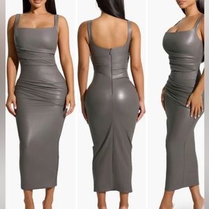 Naked Wardrobe Leather Pleated Midi Dress Grey